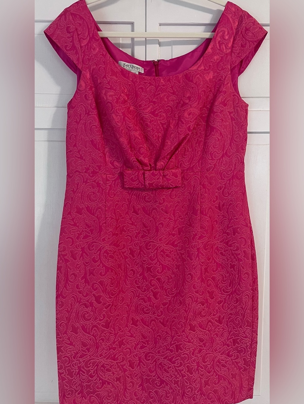 Kay Unger Pink Jacquard Cotton Blend Dress Bow Detail Size 14